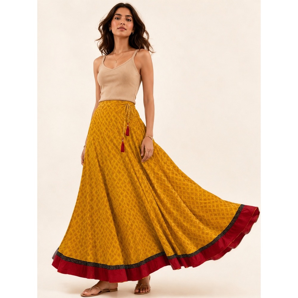 Unbranded Block Print Maxi Skirt Womens S Yellow Excellent Boho Festival Tassel